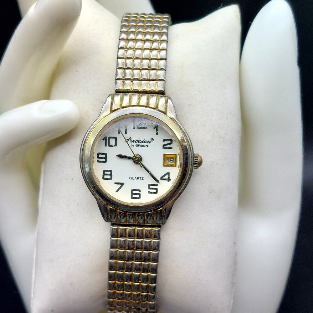 Vintage Gruen Precision Quartz Ladies Date Watch With Stretch Band Stainless Ste